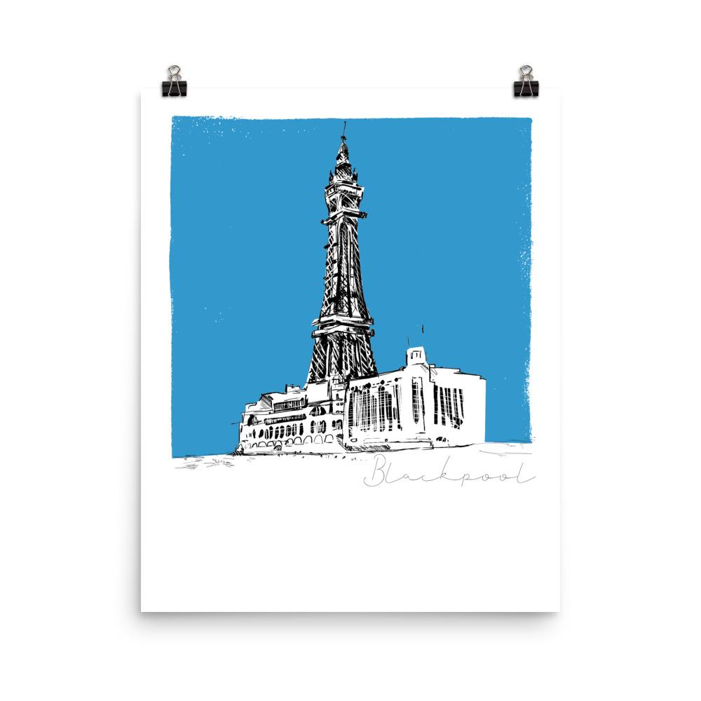 Blackpool tower unframed art print, blue