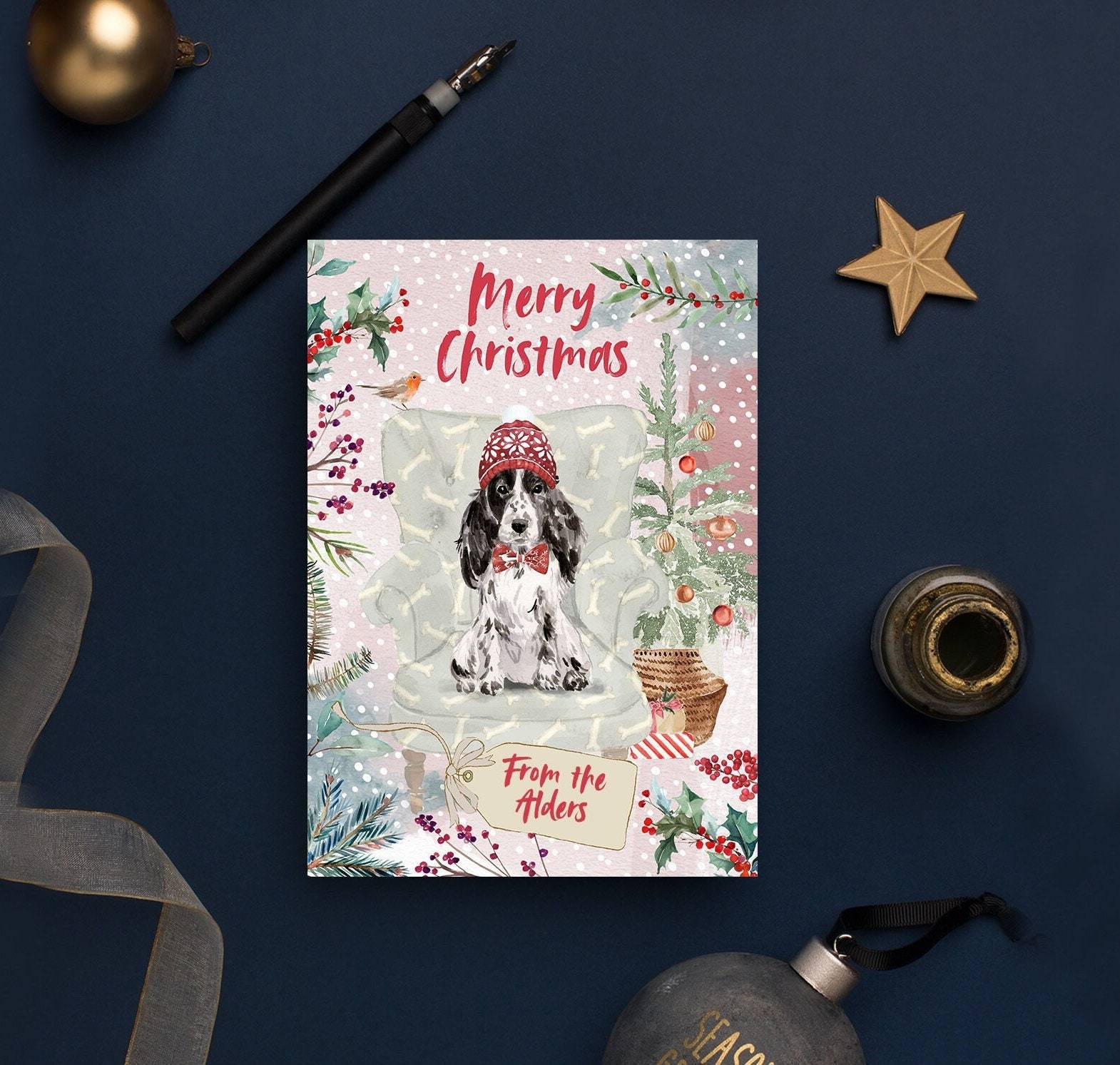 Personalised Black and White Cocker Spaniel Christmas Card | Natalie Ryan Design