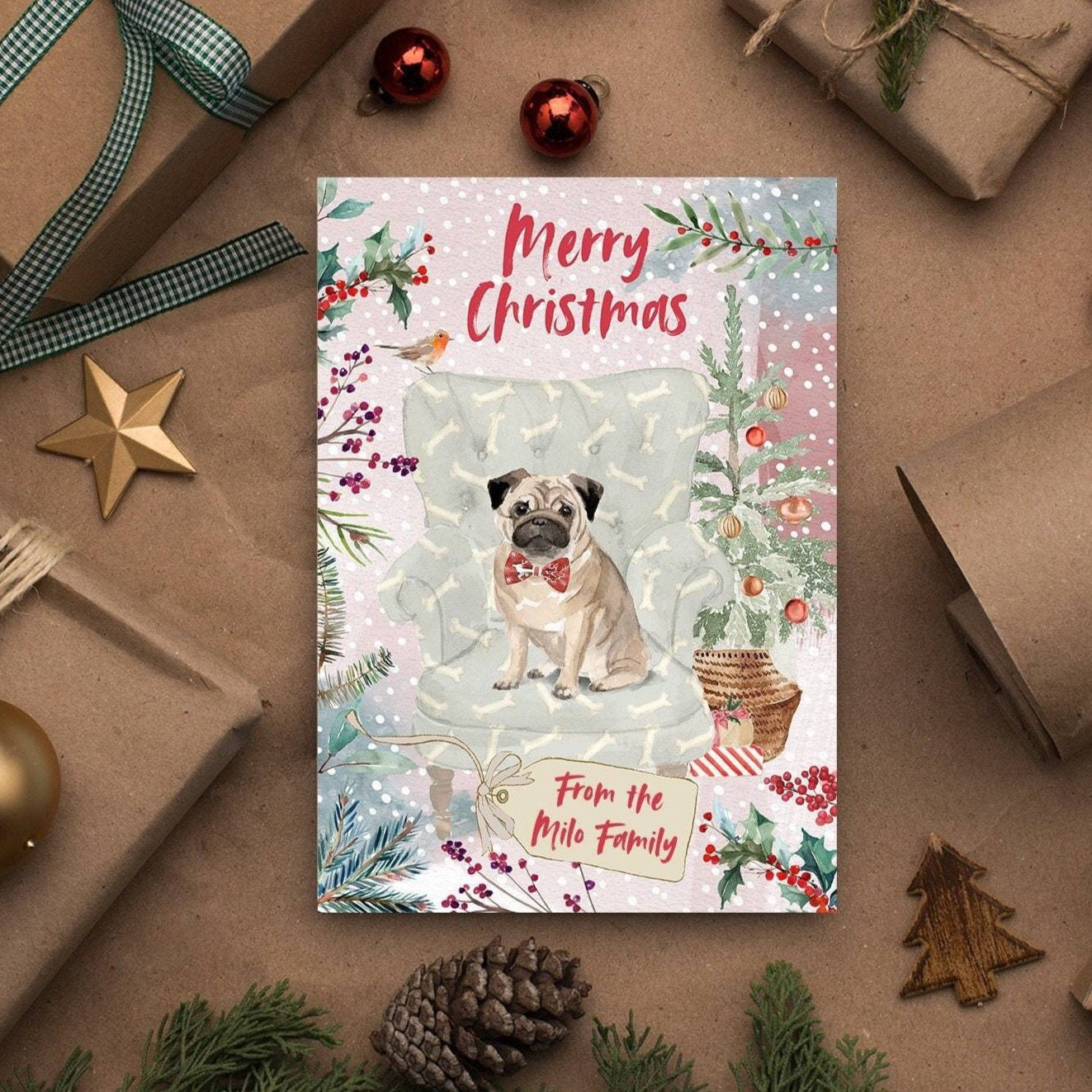 Personalised Pug Christmas Card | Natalie Ryan Design