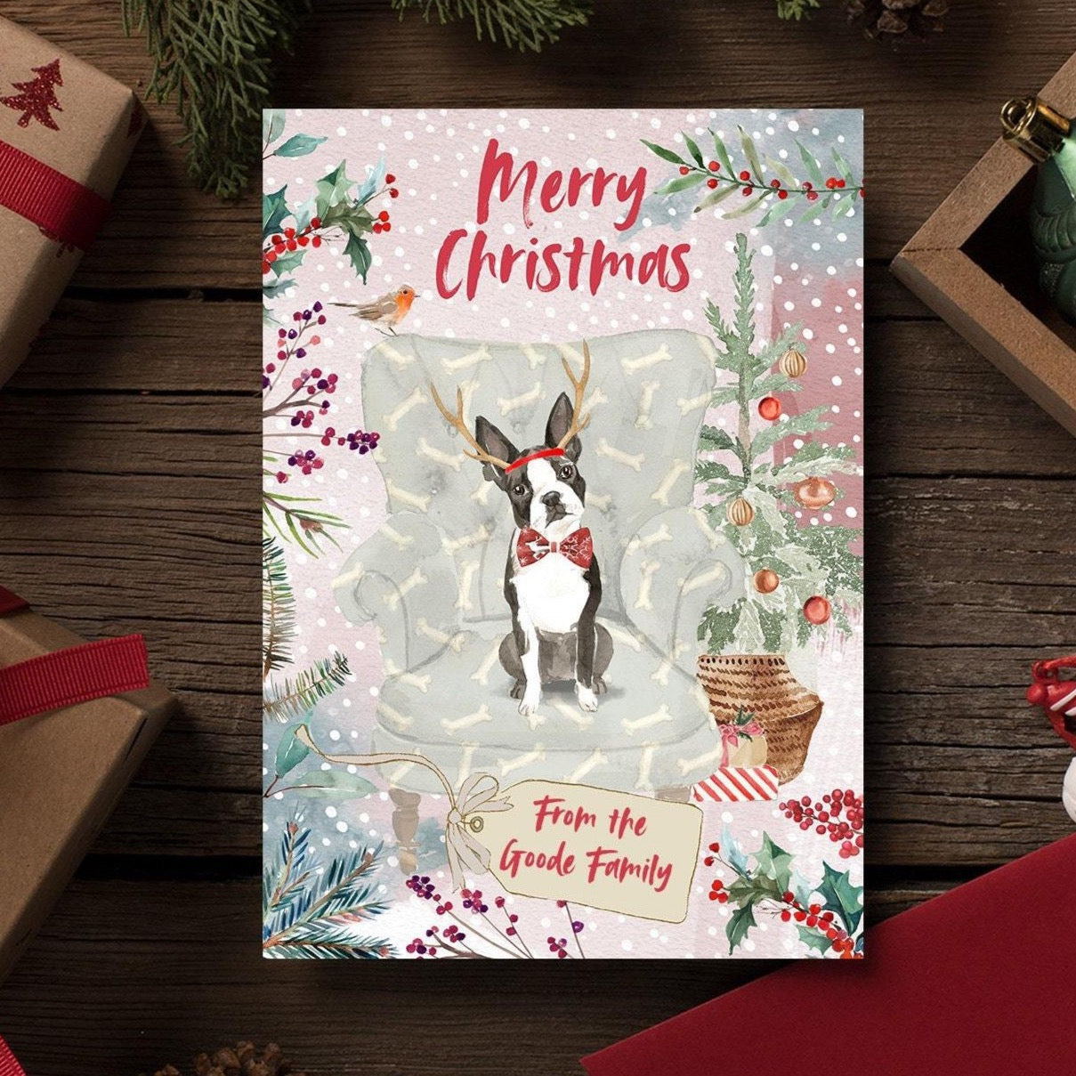 Personalised Boston Terrier Christmas Card | Natalie Ryan Design