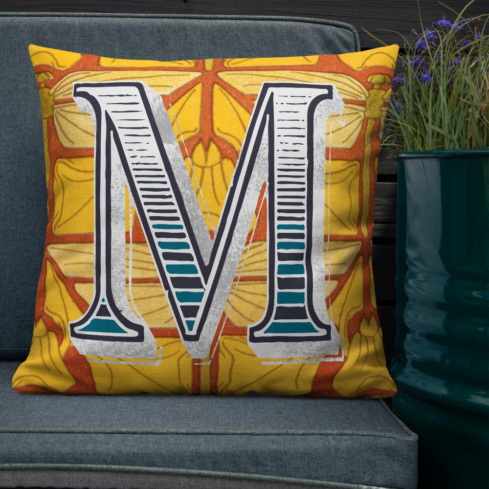 Letter M, vintage monogram graphic cushion