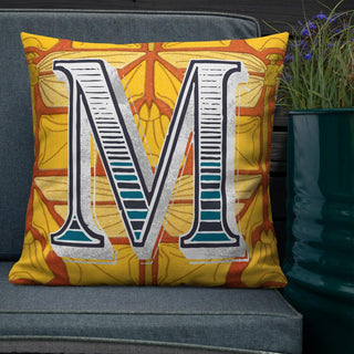 Letter M, vintage monogram graphic cushion
