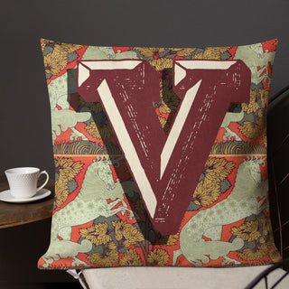 Letter V, vintage monogram graphic cushion