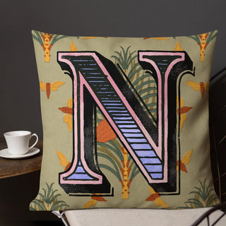Letter N, vintage monogram graphic cushion