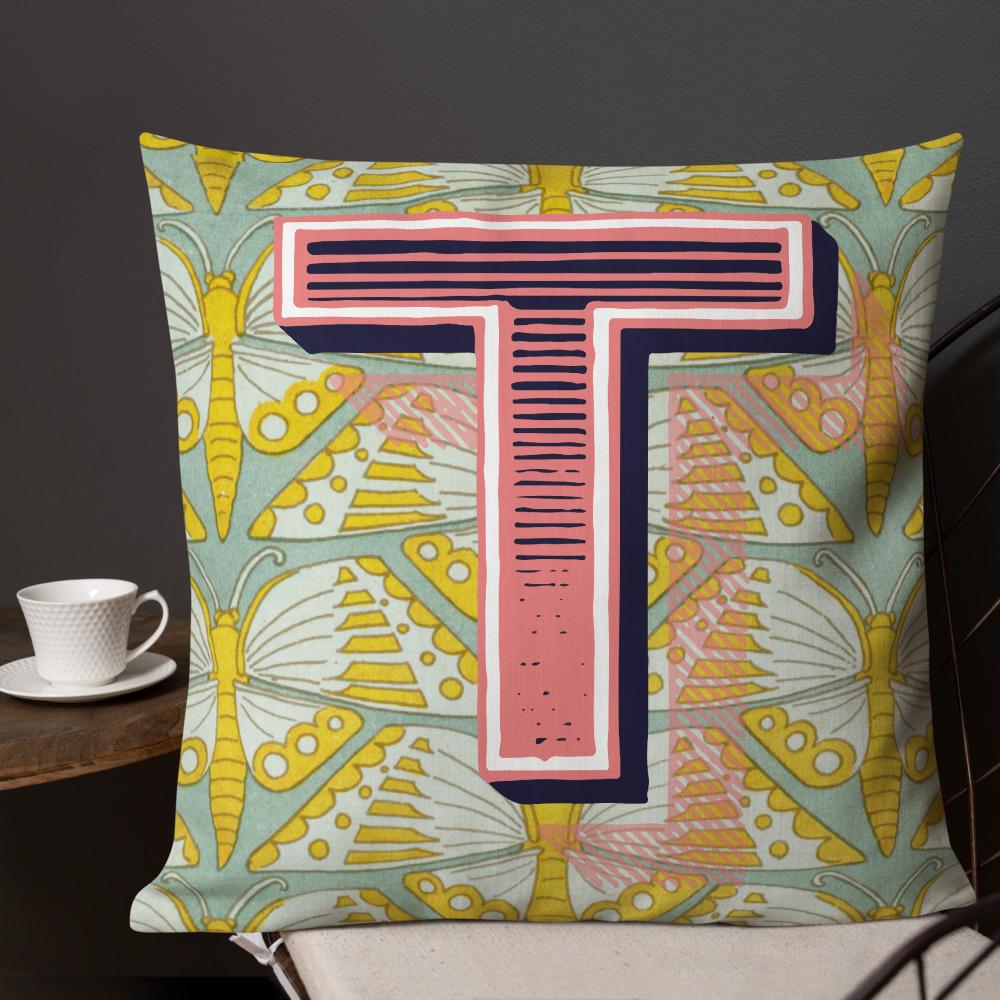 Letter T, vintage monogram graphic cushion
