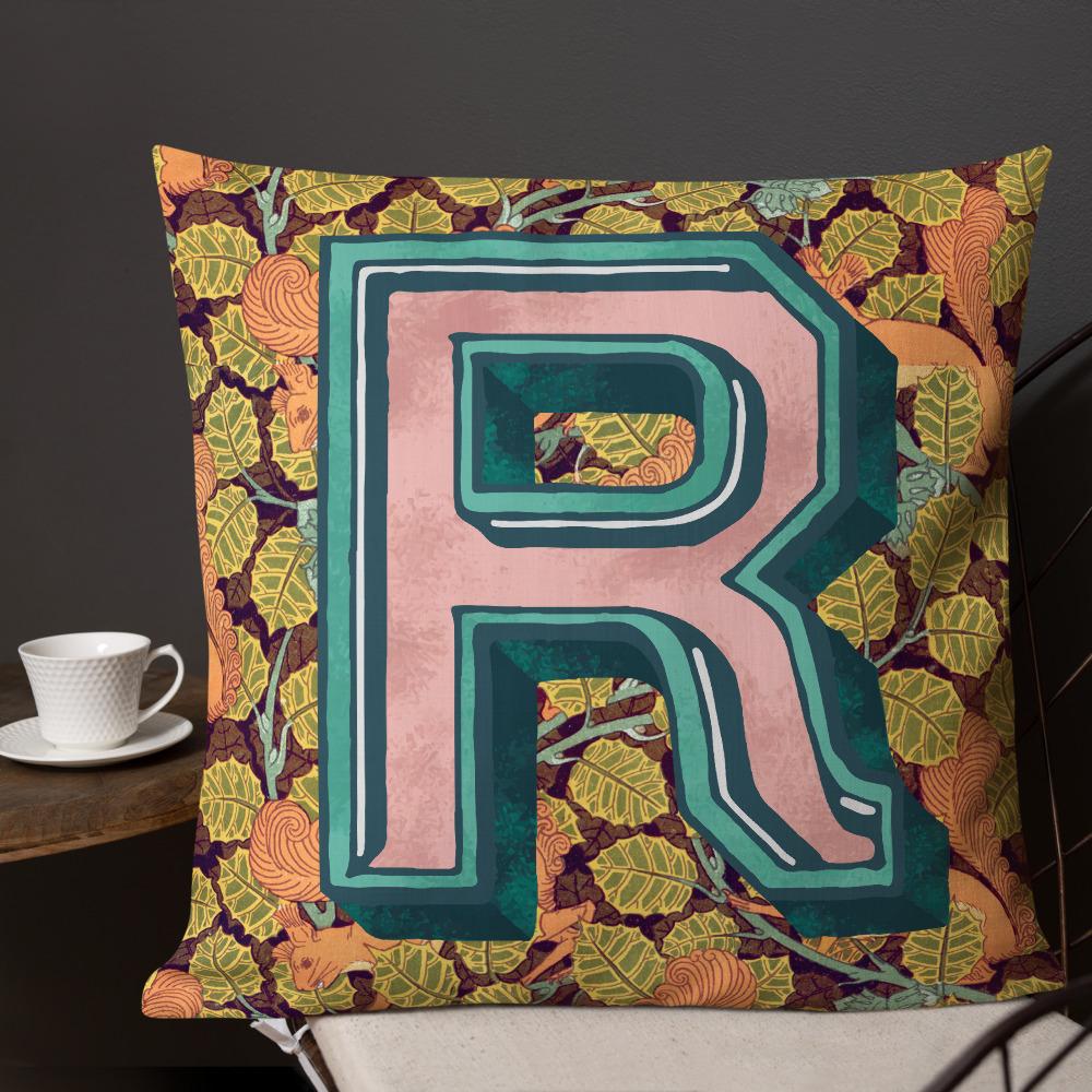 Letter R, vintage monogram graphic cushion