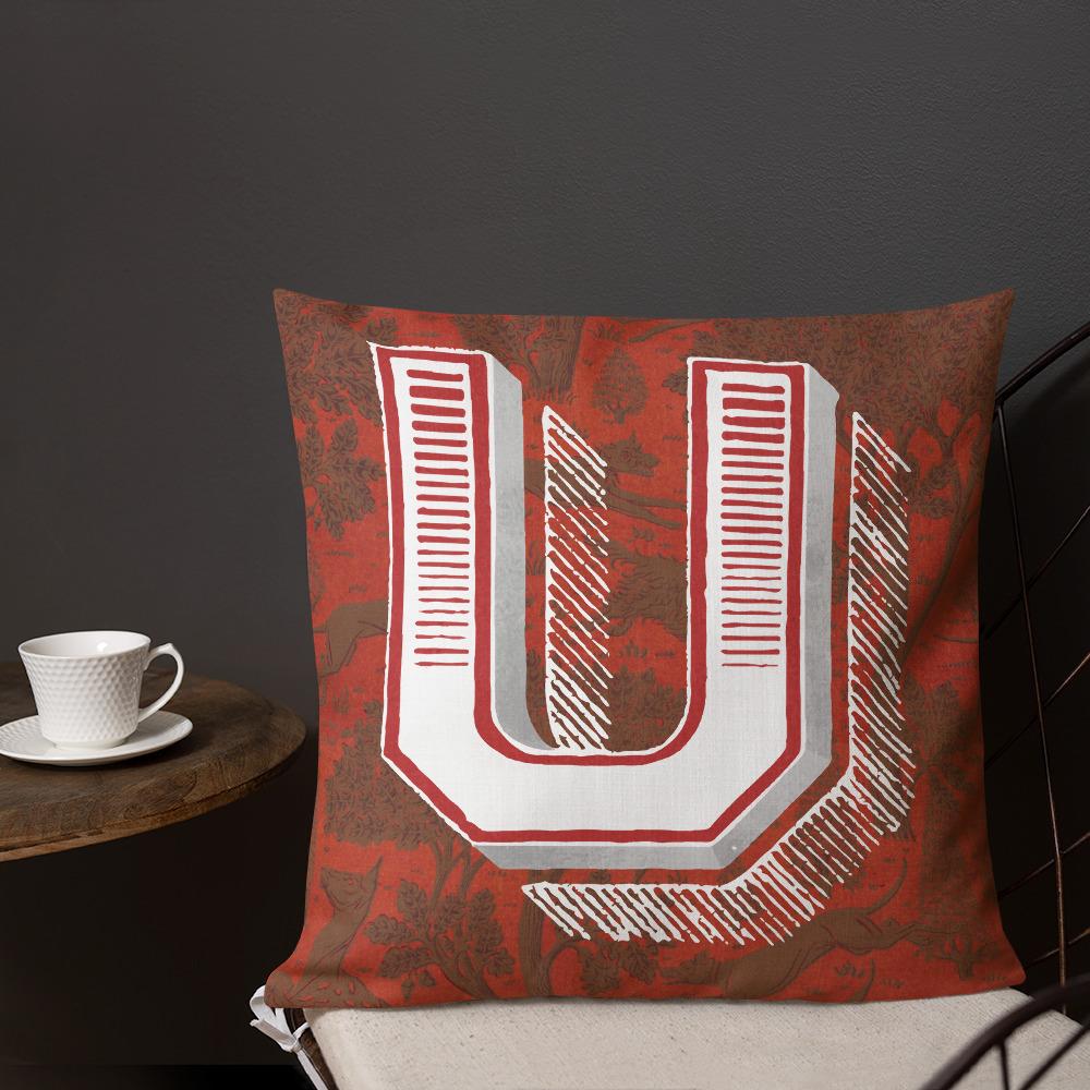Letter U, vintage monogram graphic cushion