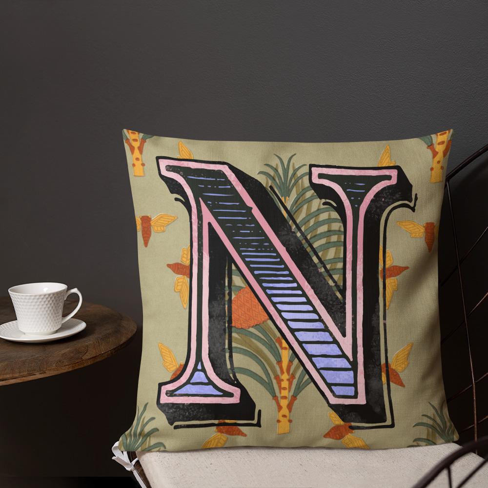 Letter N, vintage monogram graphic cushion